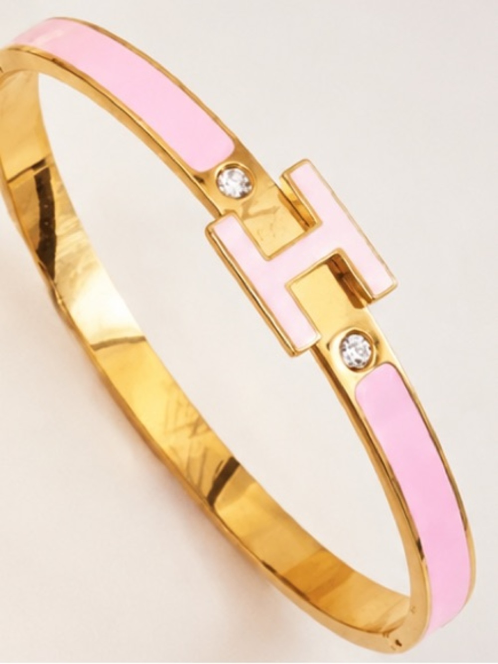 Pink Enamel H Inspired Bangle Bracelet Gold Tone Crystal Accent